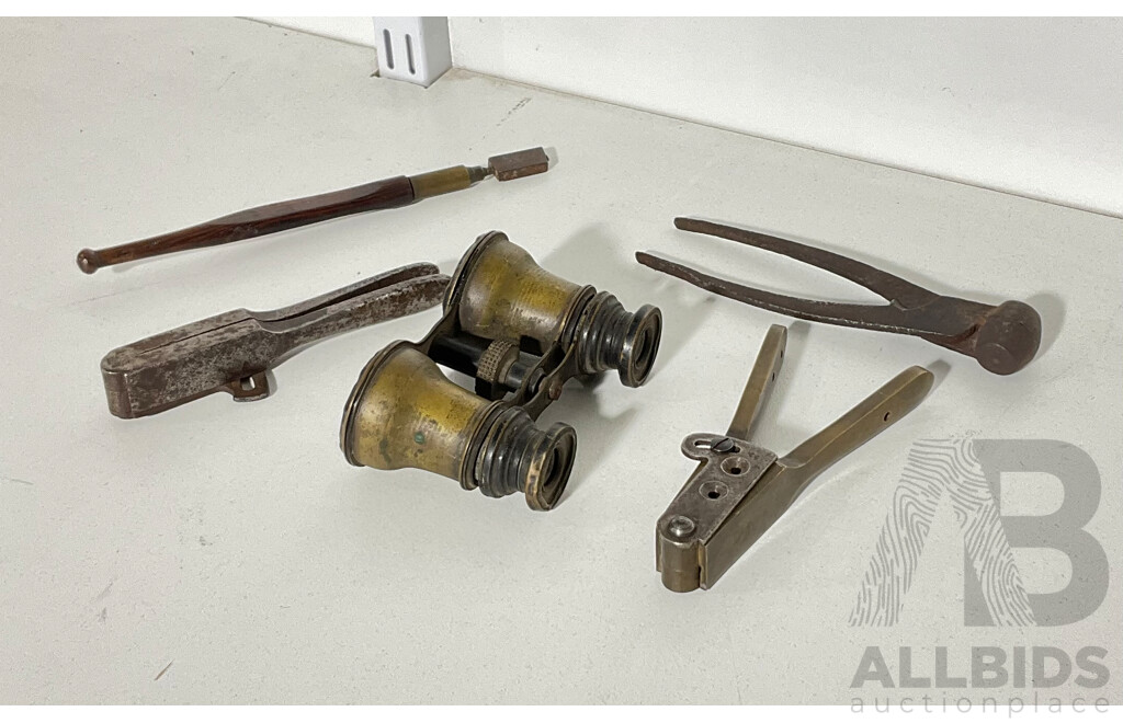Two Vintage 36 Caliber Bullet Mold Tools with Pellet Mold Tool and Antique Binoculars