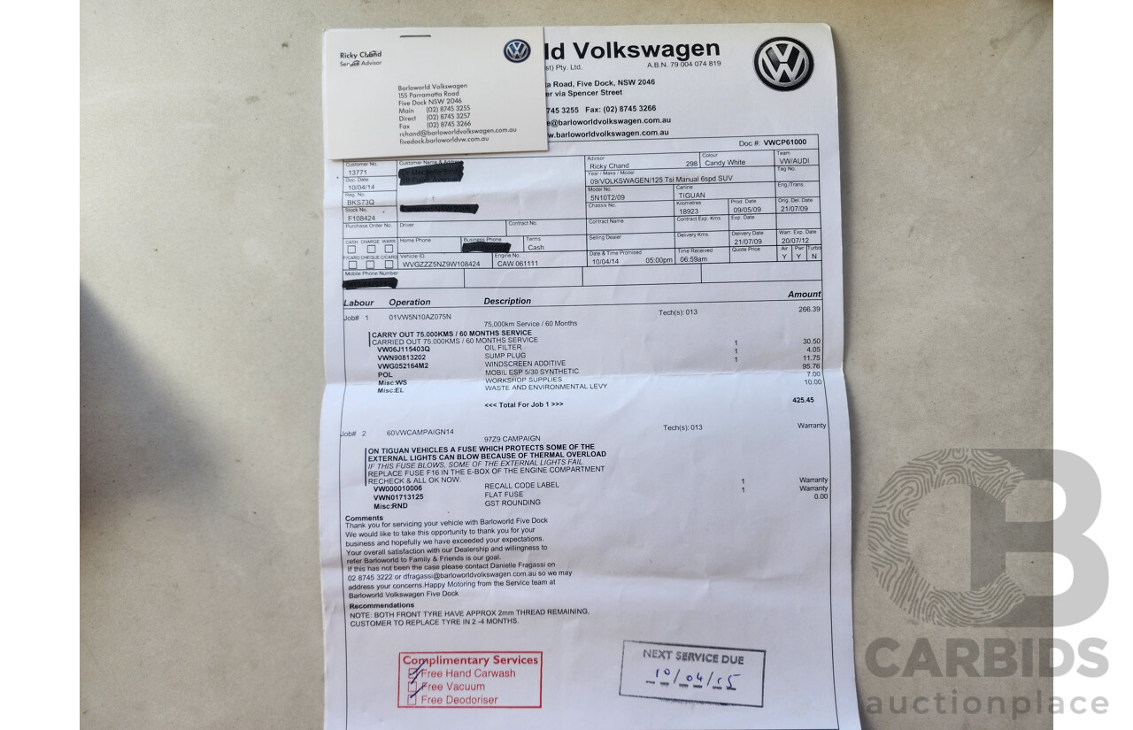 7/2009 Volkswagen Tiguan 125 TSI 5NC MY09 4d Wagon White 2.0L