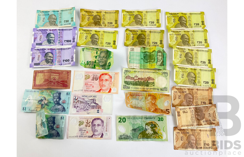 Collection of International Banknotes Including India, Bangaldesh, New Zealand, Singapore, Bhutan, Brunei, Australia