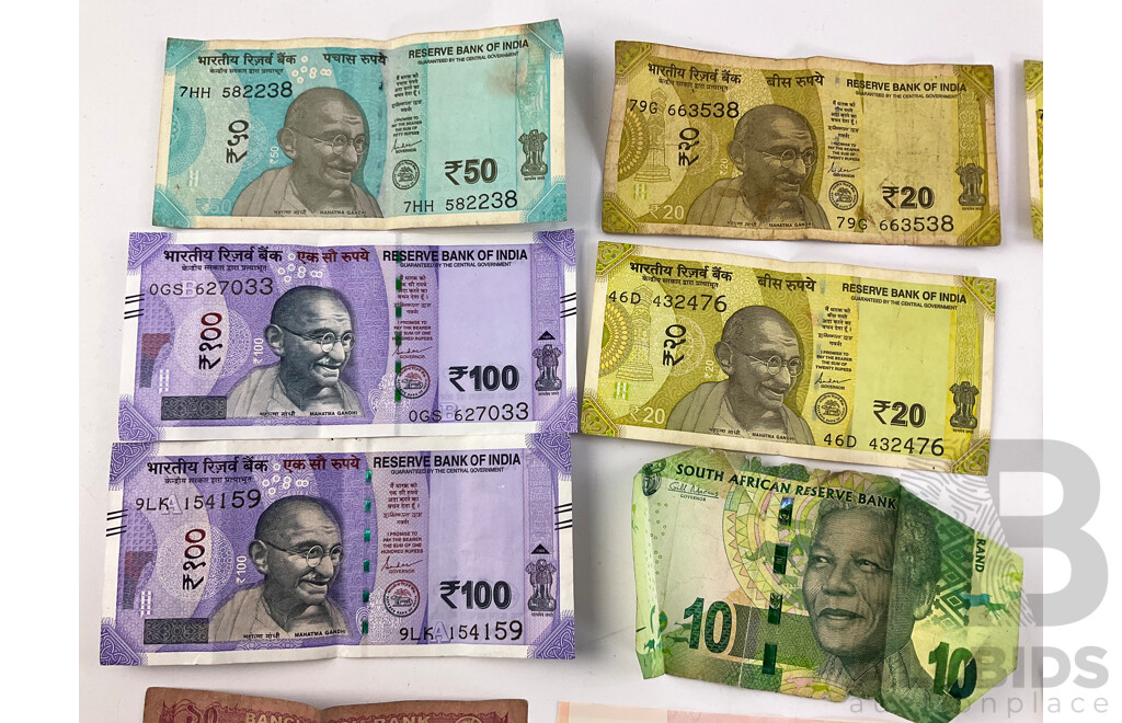 Collection of International Banknotes Including India, Bangaldesh, New Zealand, Singapore, Bhutan, Brunei, Australia