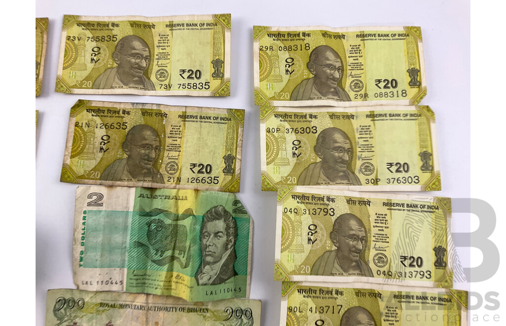Collection of International Banknotes Including India, Bangaldesh, New Zealand, Singapore, Bhutan, Brunei, Australia