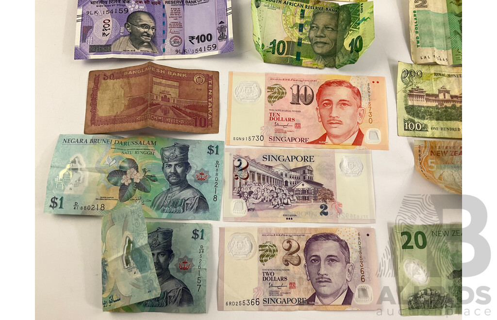 Collection of International Banknotes Including India, Bangaldesh, New Zealand, Singapore, Bhutan, Brunei, Australia