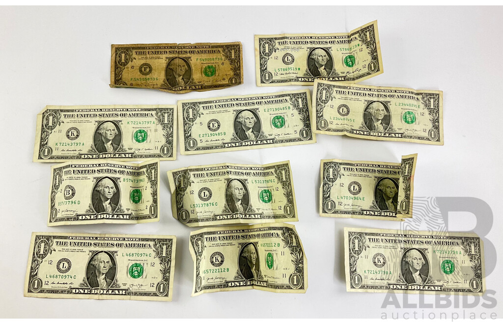 Eleven USA One Dollar Notes, Examples Spanning 1988 to 2017