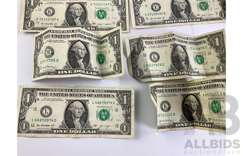 Eleven USA One Dollar Notes, Examples Spanning 1988 to 2017