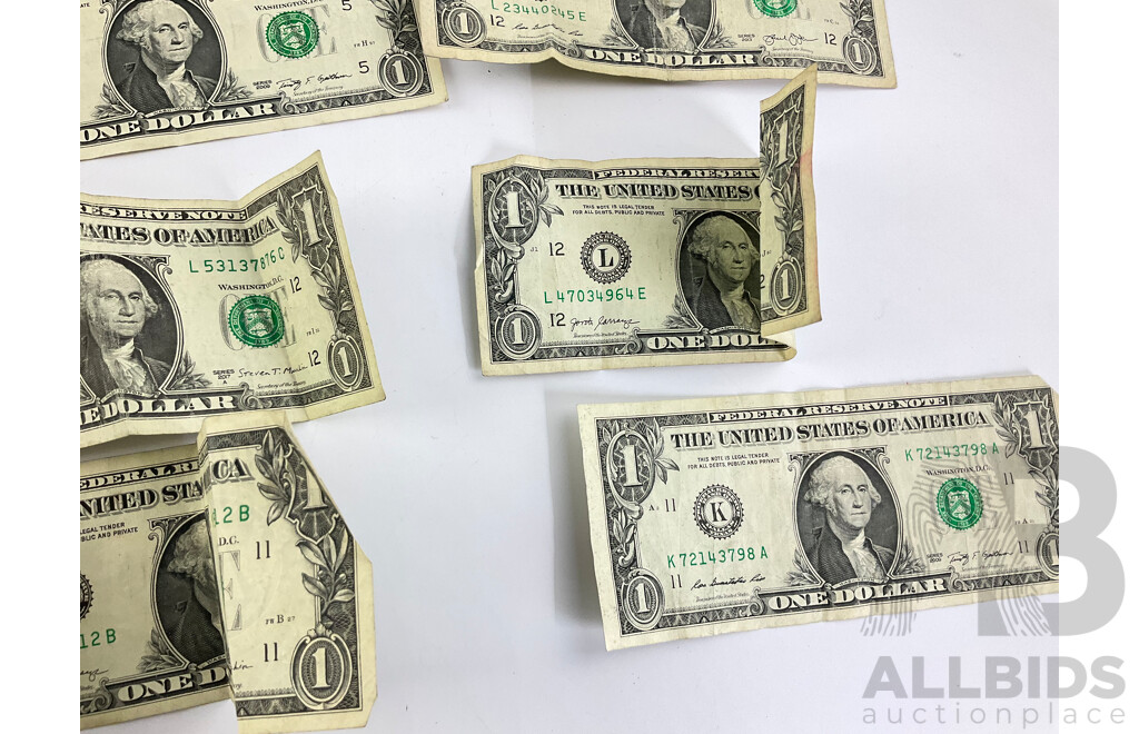 Eleven USA One Dollar Notes, Examples Spanning 1988 to 2017