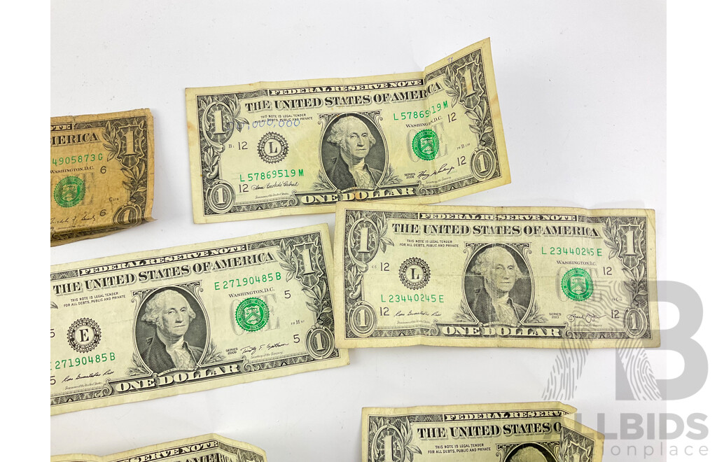 Eleven USA One Dollar Notes, Examples Spanning 1988 to 2017