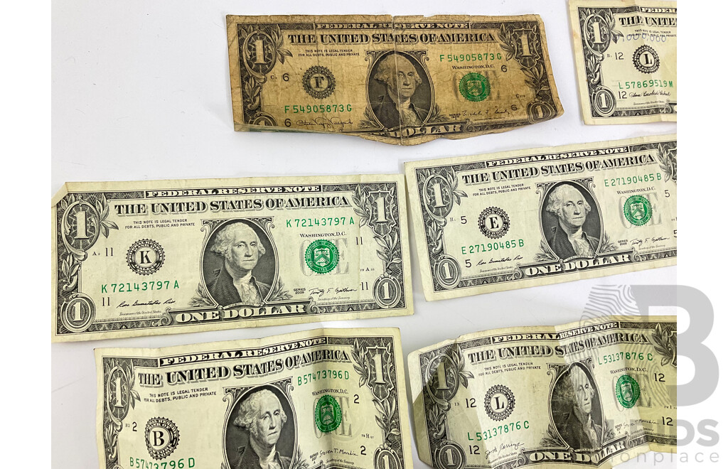 Eleven USA One Dollar Notes, Examples Spanning 1988 to 2017