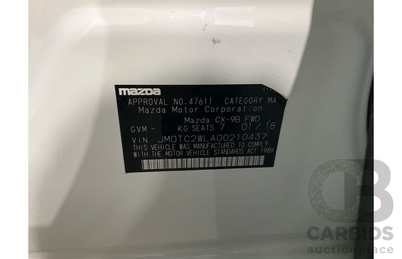 01/2018 Mazda CX-9 Sport (FWD) MY18 4D Wagon Snowflake White Pearl Turbo 2.5L - 7 Seater