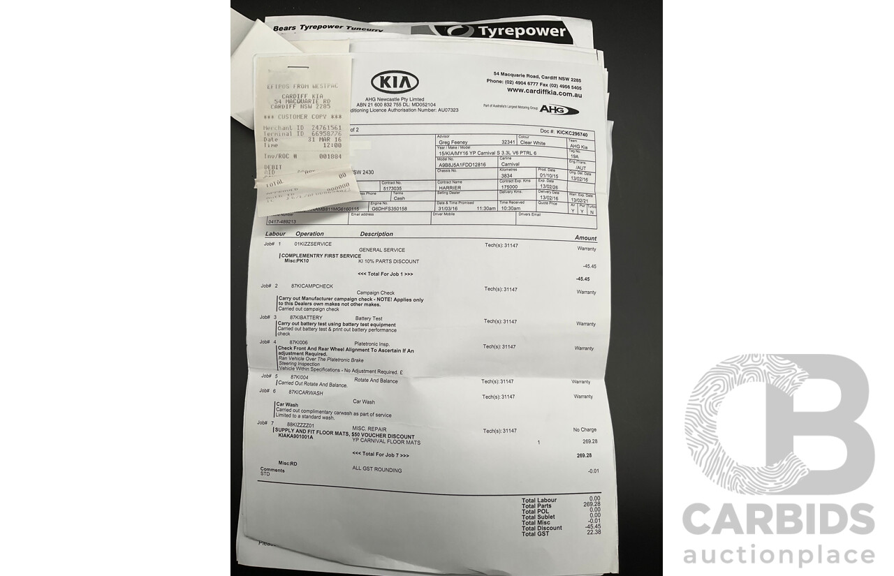 11/2015 Kia Carnival S YP MY16 4d Wagon Clear White V6 3.3L - 7 Seater