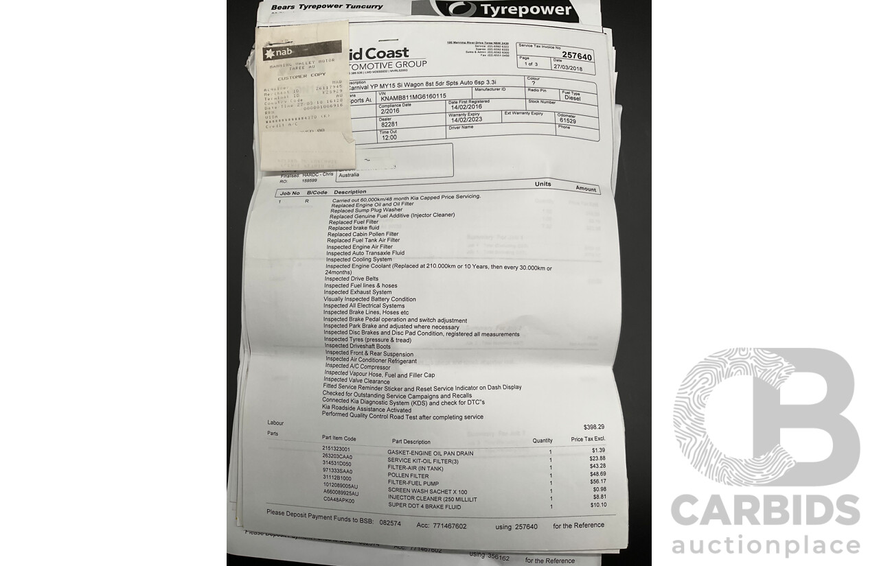 11/2015 Kia Carnival S YP MY16 4d Wagon Clear White V6 3.3L - 7 Seater