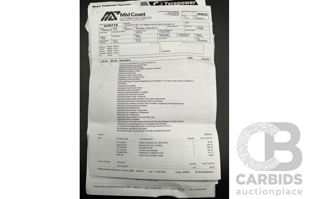 11/2015 Kia Carnival S YP MY16 4d Wagon Clear White V6 3.3L - 7 Seater