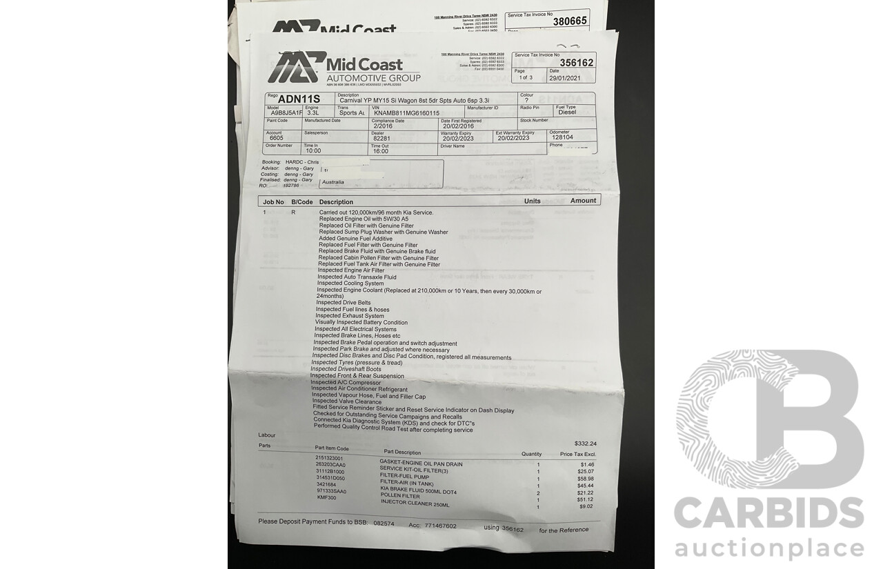 11/2015 Kia Carnival S YP MY16 4d Wagon Clear White V6 3.3L - 7 Seater