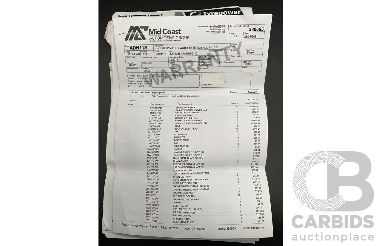 11/2015 Kia Carnival S YP MY16 4d Wagon Clear White V6 3.3L - 7 Seater