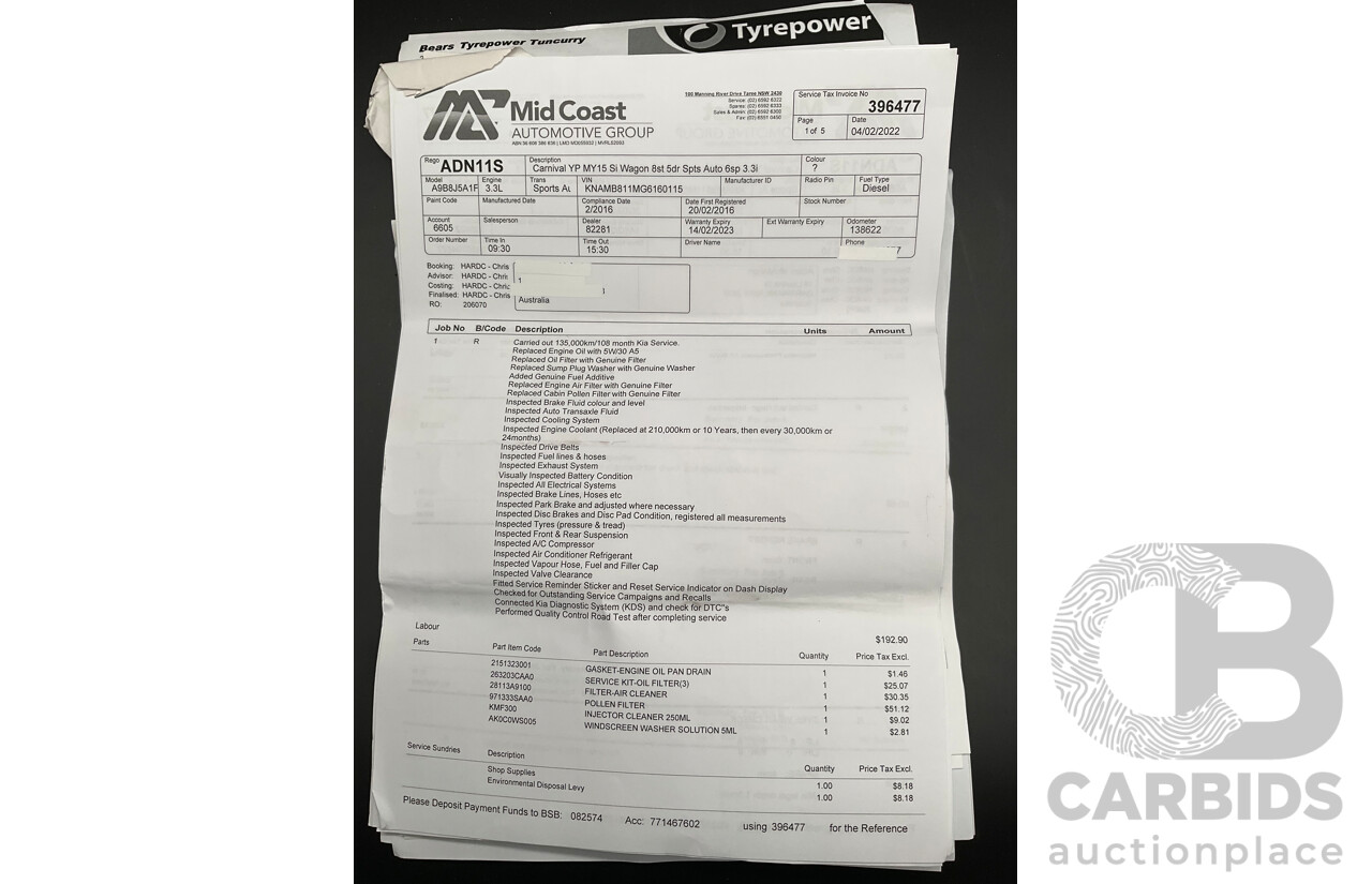 11/2015 Kia Carnival S YP MY16 4d Wagon Clear White V6 3.3L - 7 Seater