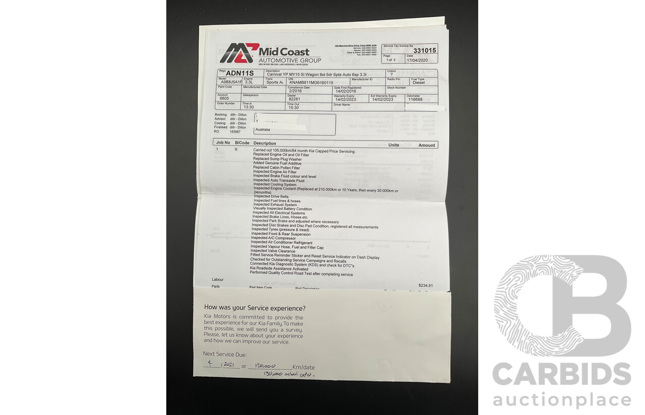 11/2015 Kia Carnival S YP MY16 4d Wagon Clear White V6 3.3L - 7 Seater