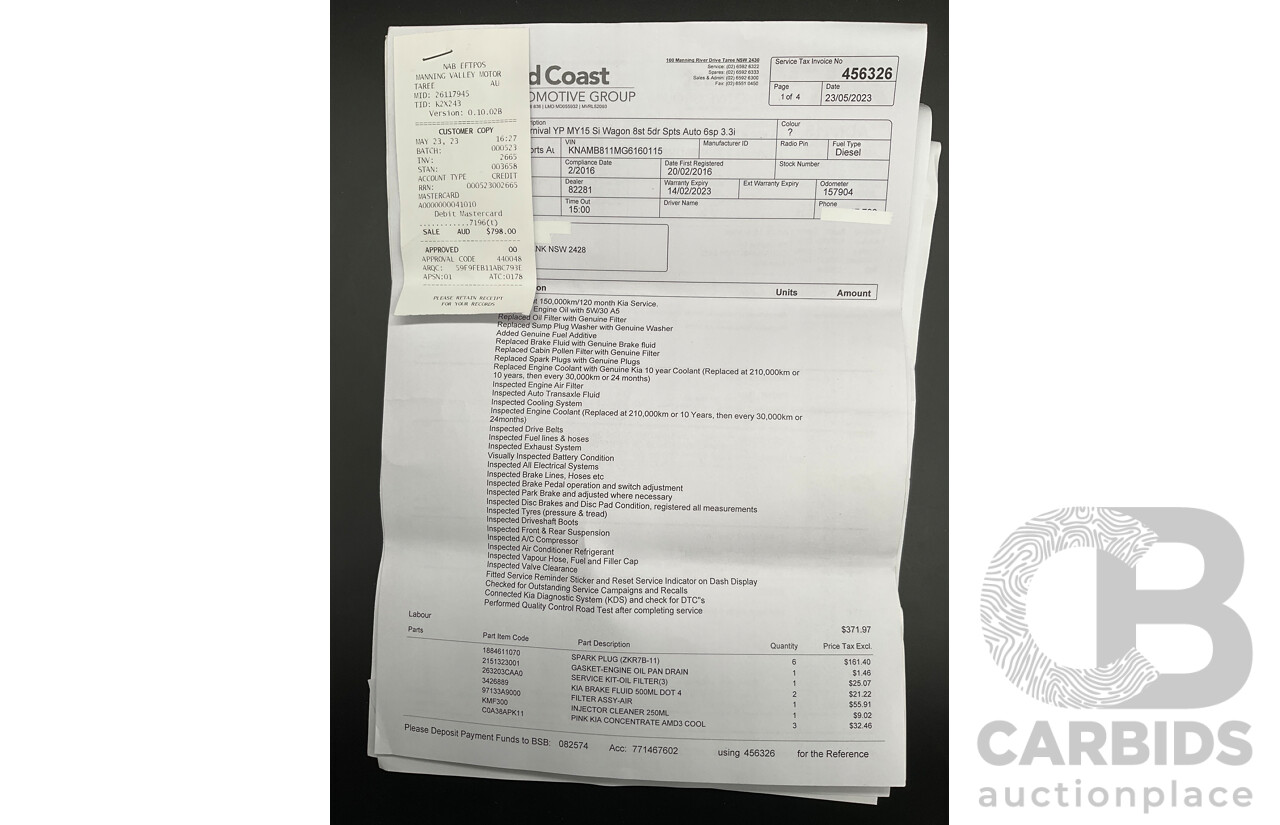 11/2015 Kia Carnival S YP MY16 4d Wagon Clear White V6 3.3L - 7 Seater