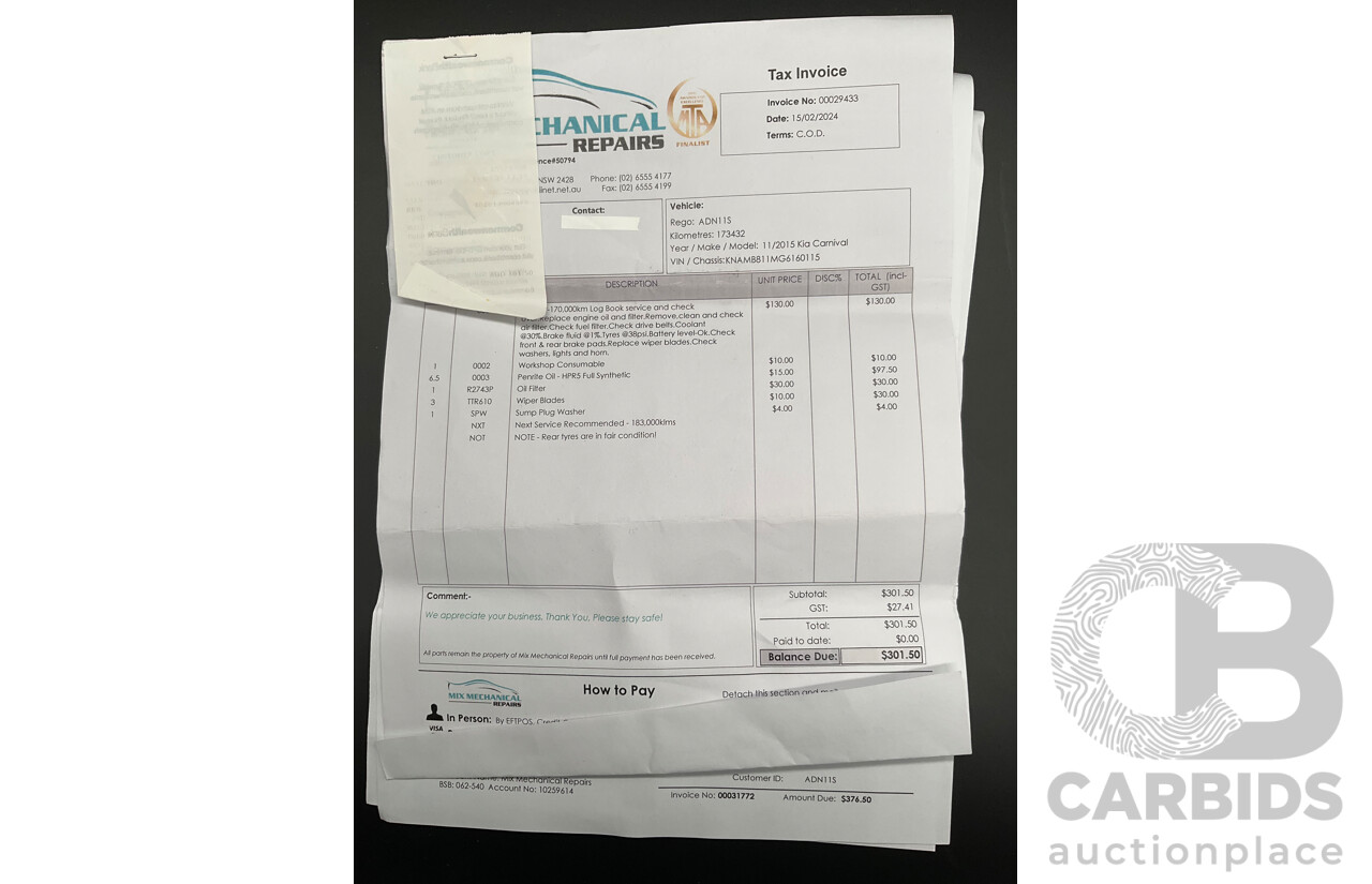 11/2015 Kia Carnival S YP MY16 4d Wagon Clear White V6 3.3L - 7 Seater