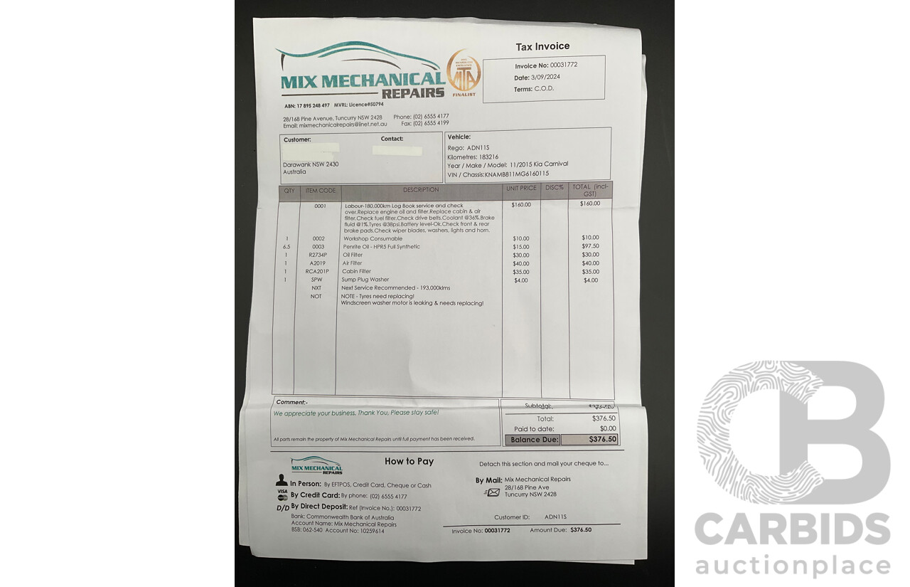 11/2015 Kia Carnival S YP MY16 4d Wagon Clear White V6 3.3L - 7 Seater