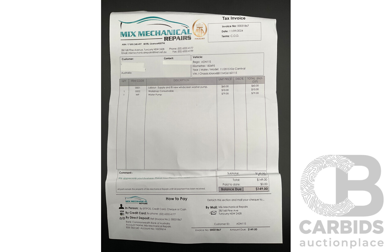 11/2015 Kia Carnival S YP MY16 4d Wagon Clear White V6 3.3L - 7 Seater