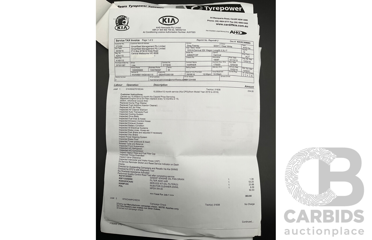 11/2015 Kia Carnival S YP MY16 4d Wagon Clear White V6 3.3L - 7 Seater