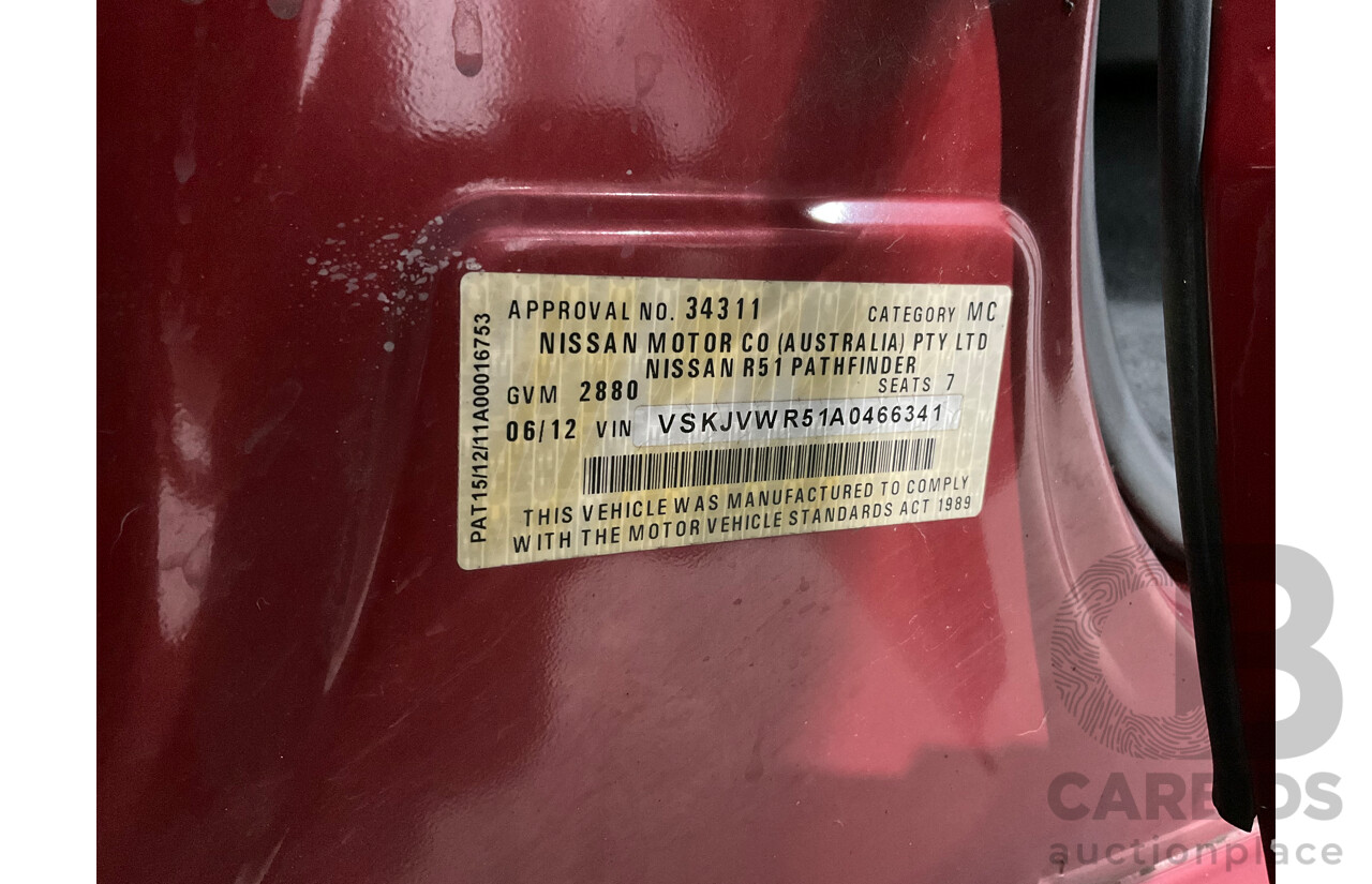 6/2012 Nissan Pathfinder ST (4x4) R51 SERIES 4 4d Wagon Red Turbo Diesel 2.5L - 7 Seater