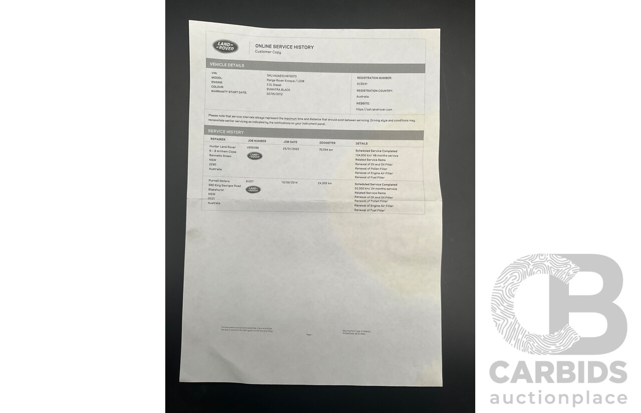 12/2011 Range Rover Evoque TD4 Dynamic LV 5d Wagon Sumatra Black Metallic/Fuji White Roof Turbo Diesel 2.2L