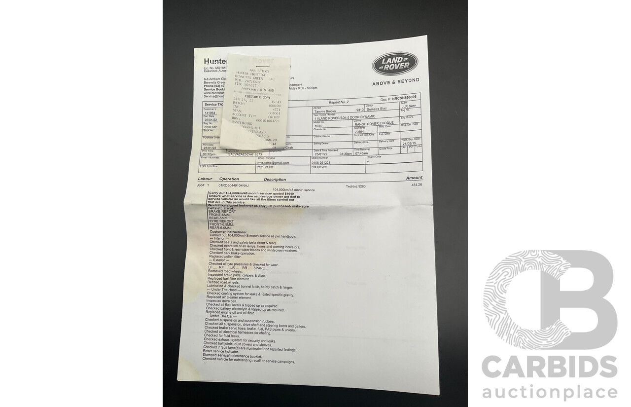 12/2011 Range Rover Evoque TD4 Dynamic LV 5d Wagon Sumatra Black Metallic/Fuji White Roof Turbo Diesel 2.2L