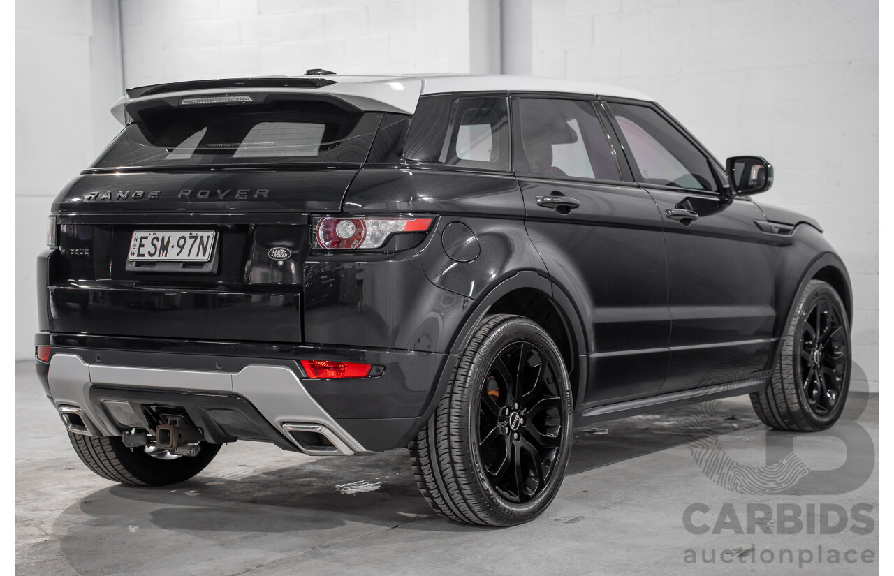 12/2011 Range Rover Evoque TD4 Dynamic LV 5d Wagon Sumatra Black Metallic/Fuji White Roof Turbo Diesel 2.2L
