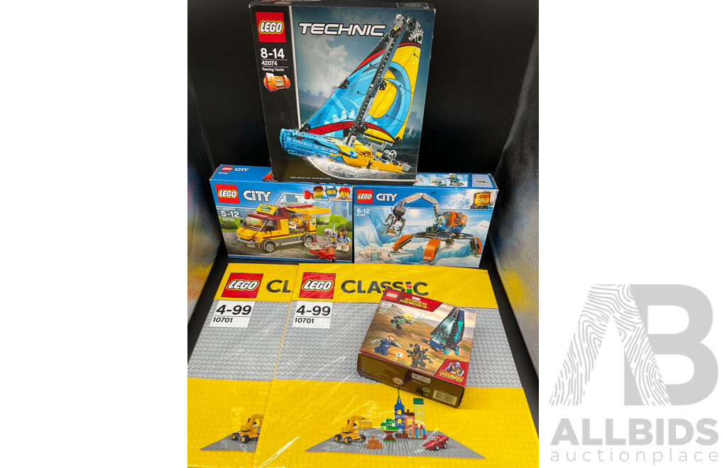 LEGO TECHNIC Racing Yacht 42074, CITY 60150 and 60192, MARVEL 76101, 2x LEGO Gray Baseplate 10701 - New Sealed in Box - Lot of 6