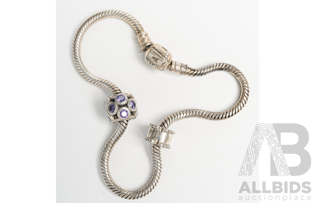 Pandora Moments Sterling Silver Snake Chain Bracelet, 21cm with (2) Charms, 19.10 Grams