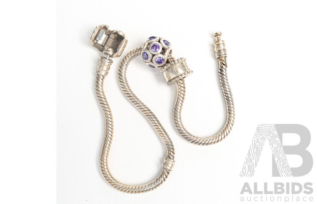 Pandora Moments Sterling Silver Snake Chain Bracelet, 21cm with (2) Charms, 19.10 Grams