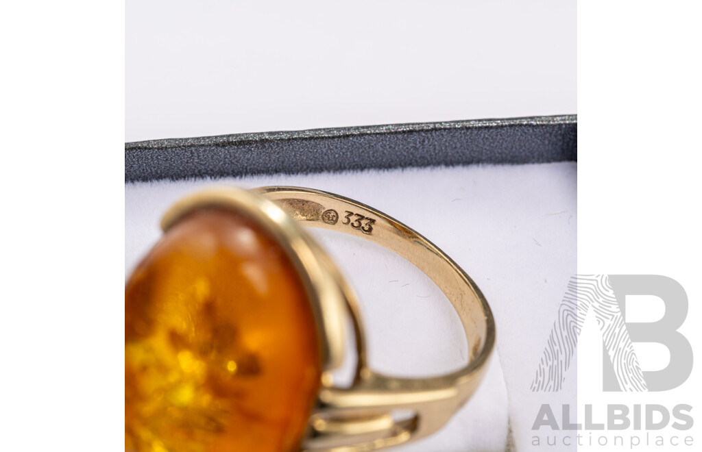 8ct Vintage Baltic Amber Cabochon Ring, Size O, 4.40 Grams, German Hallmarks