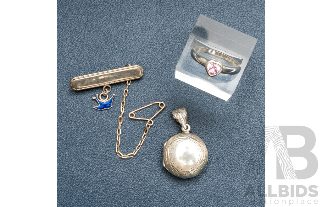 NEW - Sterling Silver Bluebird Baby Name Plate Brooch, Pink CZ Heart Ring & Round Locket, 11.14 Grams