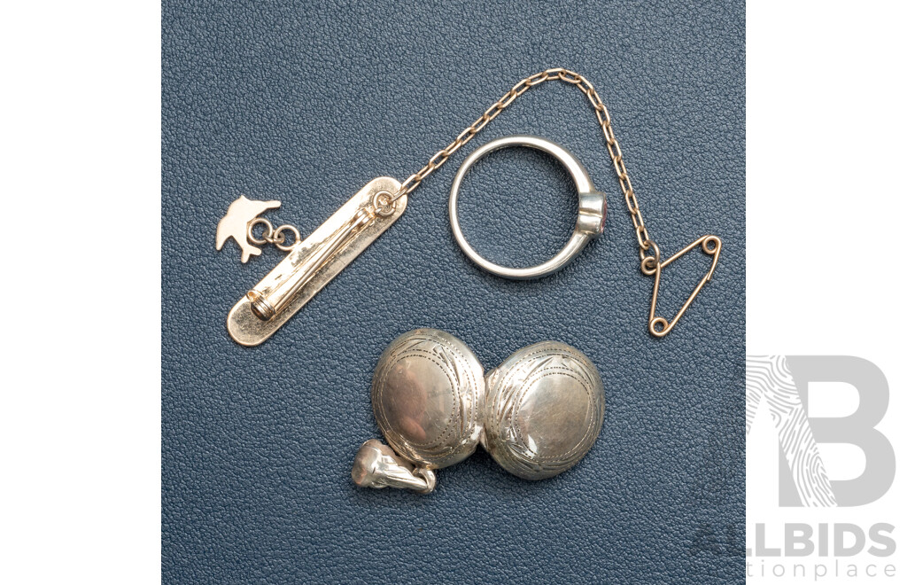 NEW - Sterling Silver Bluebird Baby Name Plate Brooch, Pink CZ Heart Ring & Round Locket, 11.14 Grams