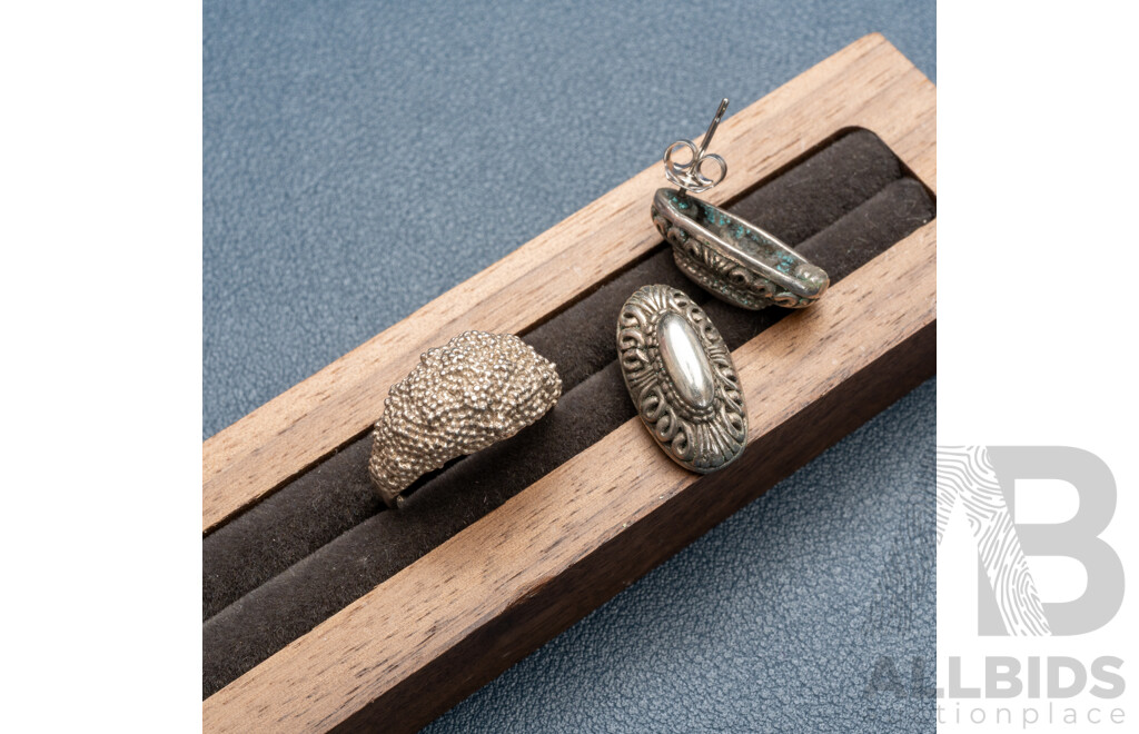 NEW - Mexican Sterling Silver Stud Earrings and Ornate Mexican Sterling Silver Ring, 12.74 Grams