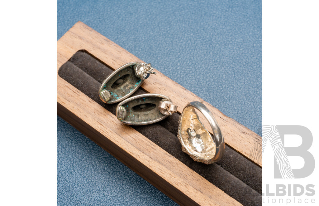 NEW - Mexican Sterling Silver Stud Earrings and Ornate Mexican Sterling Silver Ring, 12.74 Grams