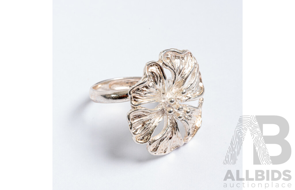 NEW - Sterling Silver Hibiscus Flower Ring, Mexican, Adjustable - Size S, 8.25 Grams