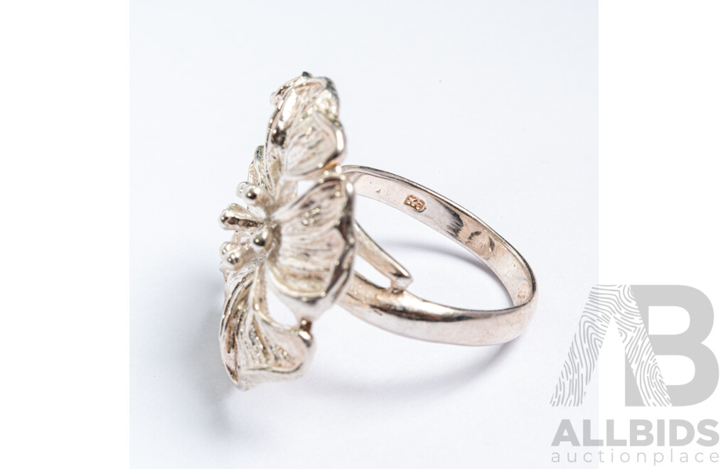 NEW - Sterling Silver Hibiscus Flower Ring, Mexican, Adjustable - Size S, 8.25 Grams