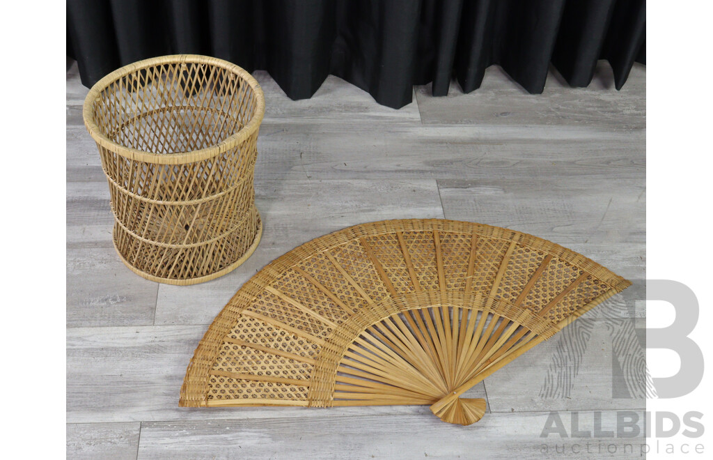 Vintage Cane Wast Basket and Fan