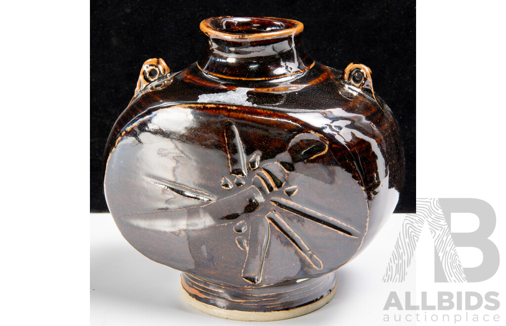 Stoneware Flask With Flattened Sides