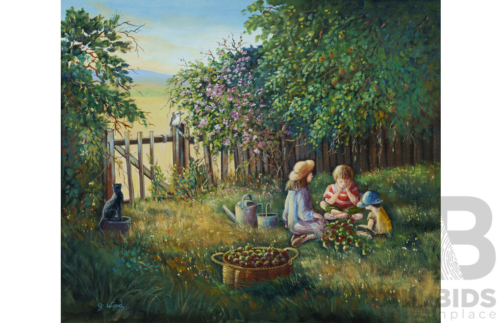 Gill Ward, (20th Century, British-Australian, 1946-) The Apple Pickers, Oil on Canvas Board, 72 x 82 cm (frame)