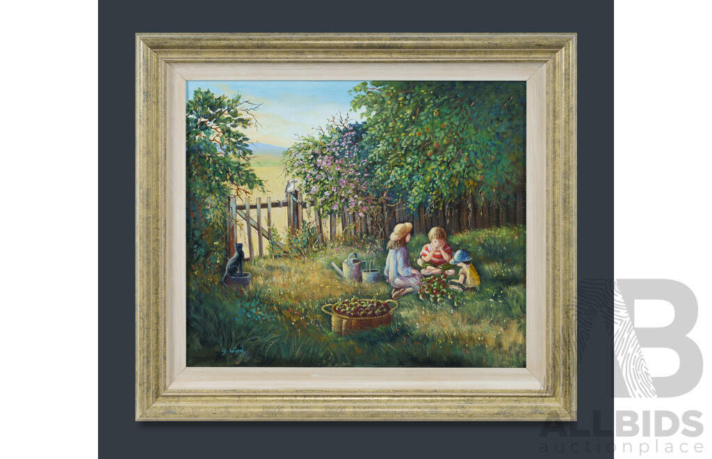 Gill Ward, (20th Century, British-Australian, 1946-) The Apple Pickers, Oil on Canvas Board, 72 x 82 cm (frame)