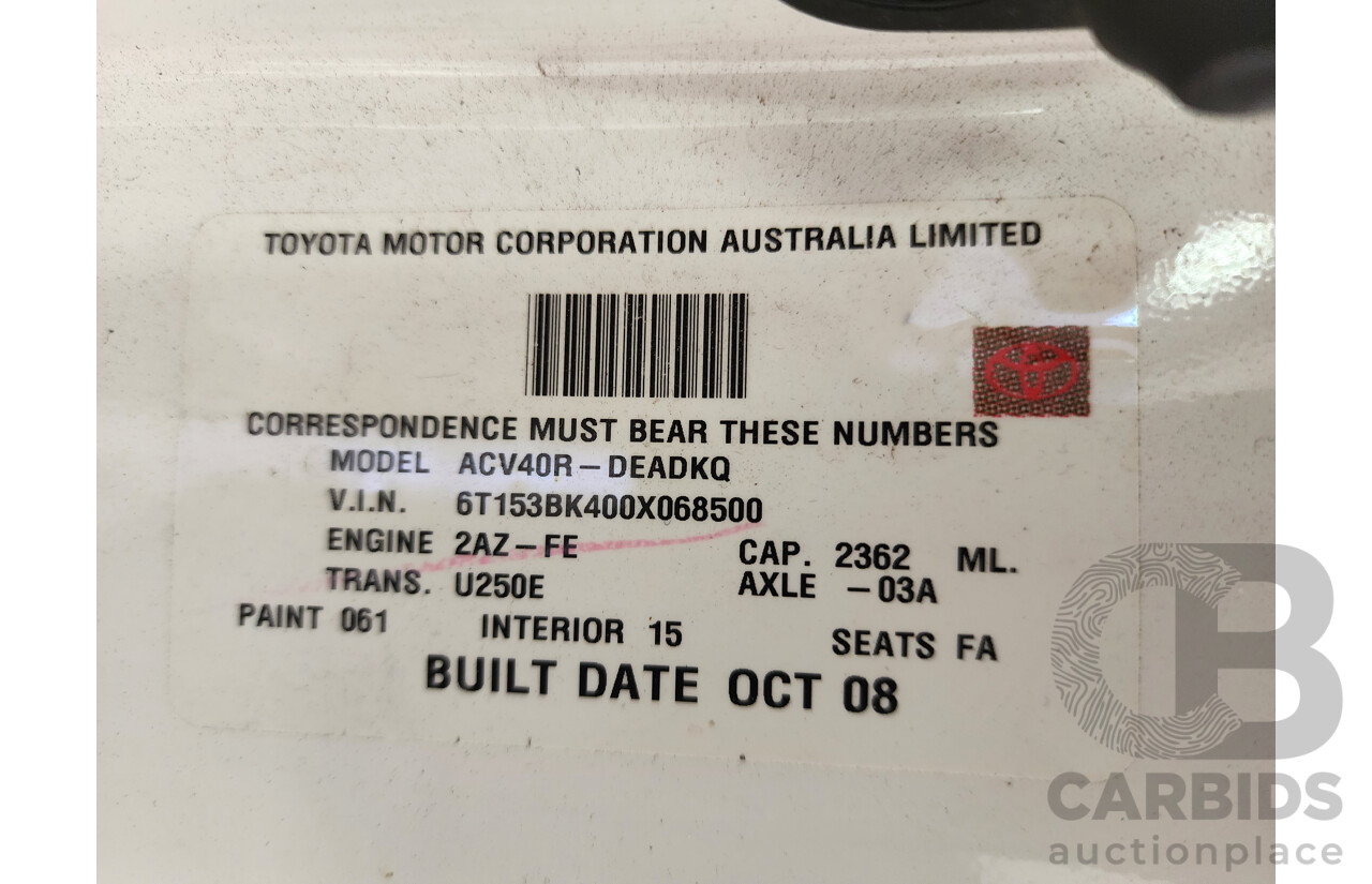 10/2008 Toyota Camry Altise ACV40R 07 UPGRADE 4d Sedan White 2.4L