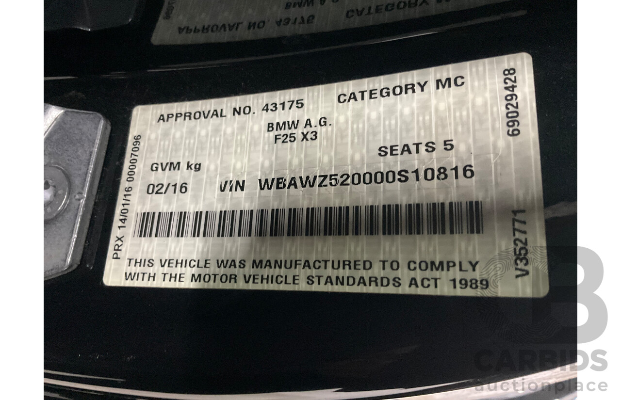 02/2016 BMW X3 xDrive20d M Sport (4WD) F25 MY16 4d Wagon Black Sapphire Metallic Turbo Diesel 2.0L