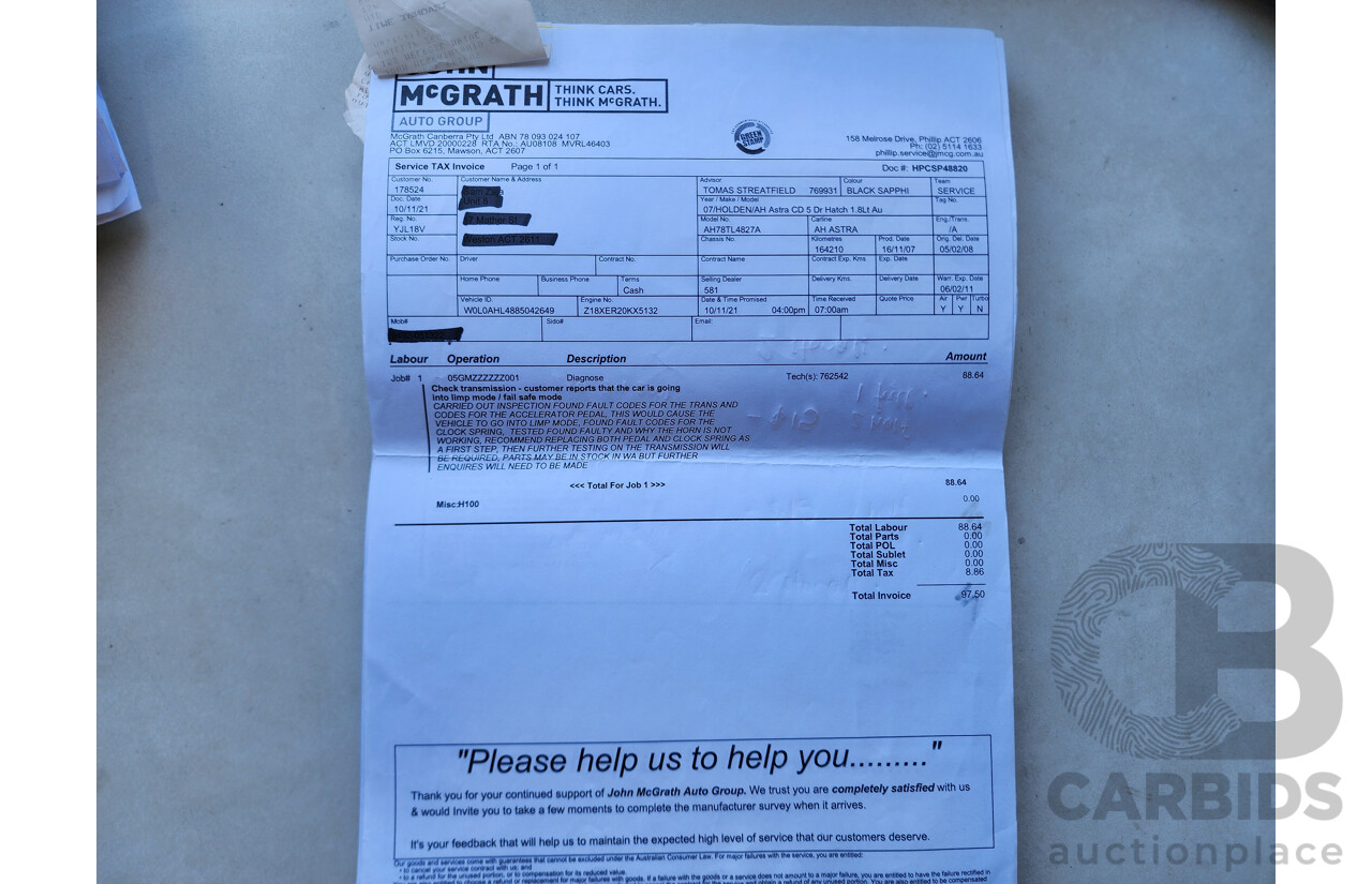 1/2008 Holden Astra CD AH MY08 5d Hatchback Black 1.8L