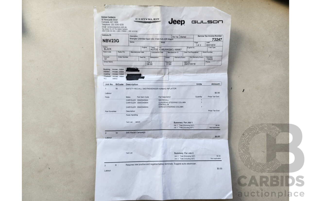 4/2012 Jeep Wrangler Unlimited Sport (4x4) JK MY12 4d Hardtop Black 3.6L