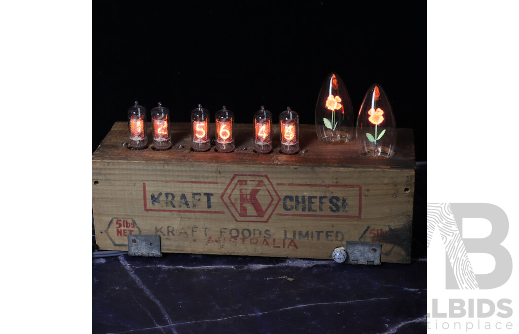 Nixie Tube Clock in Vintage Kraft Cheese Box