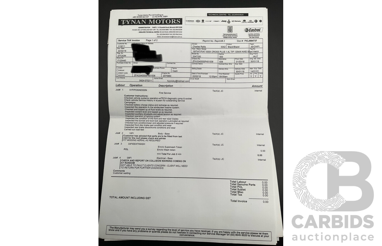 11/2017 Fiat 500X Cross Plus (AWD) 4d Wagon Solid Black Turbo 1.4L