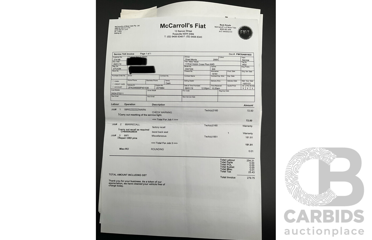 11/2017 Fiat 500X Cross Plus (AWD) 4d Wagon Solid Black Turbo 1.4L