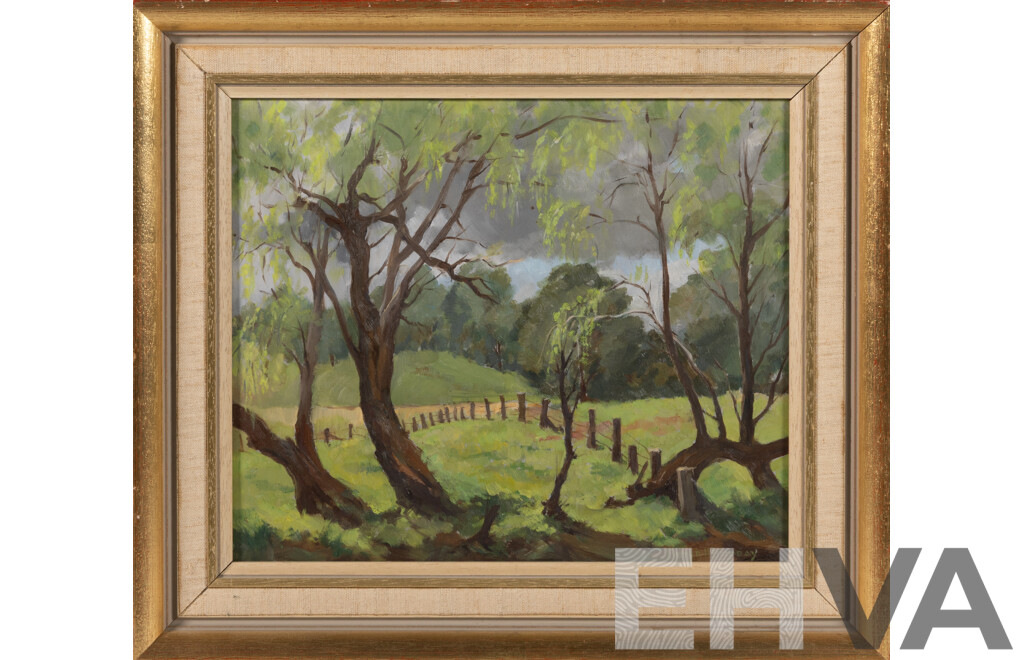 Peter Hammon Lindsay, (20th Century, Australian, 1908-1998), Willows in Spring, Catai, Oil on Canvas Board, 34.5 x 39.5 cm (frame)
